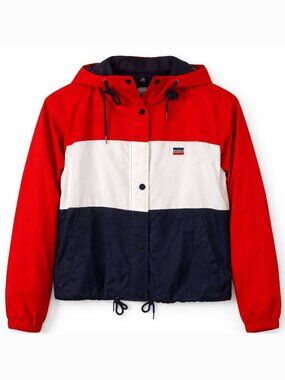 Levis Hooded Windbreaker Jacket Colorblock Red White Blue Nylon Zip Snap L